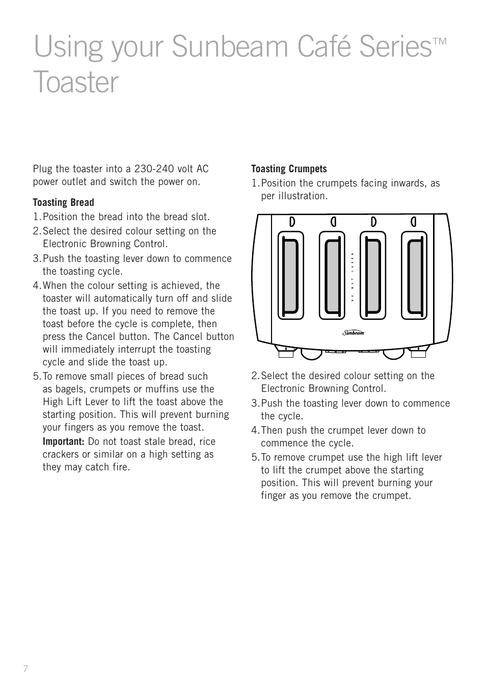 Using your sunbeam café series, Toaster | Sunbeam TA9200 User Manual | Page 9 / 15