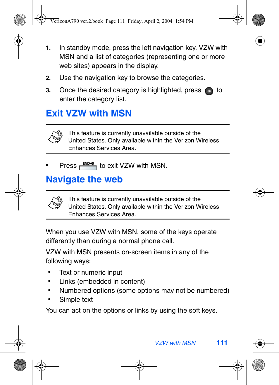 Exit vzw with msn, Navigate the web | Samsung A790 User Manual | Page 119 / 226