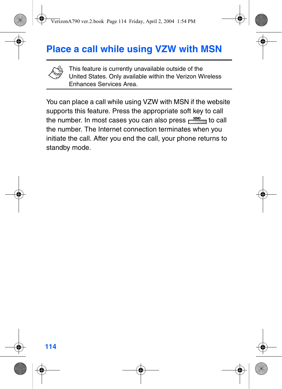 Place a call while using vzw with msn | Samsung A790 User Manual | Page 122 / 226