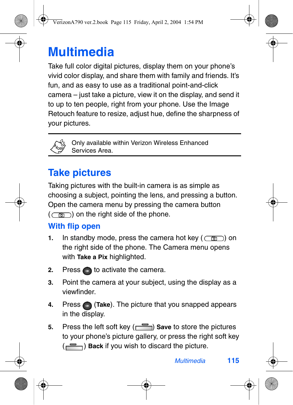 Multimedia, Take pictures | Samsung A790 User Manual | Page 123 / 226