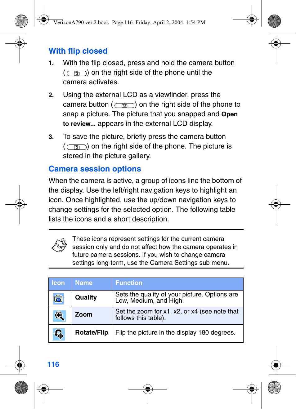 With flip closed, Camera session options | Samsung A790 User Manual | Page 124 / 226