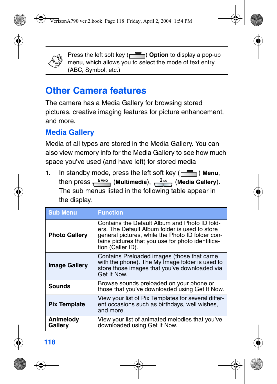 Other camera features, Media gallery | Samsung A790 User Manual | Page 126 / 226