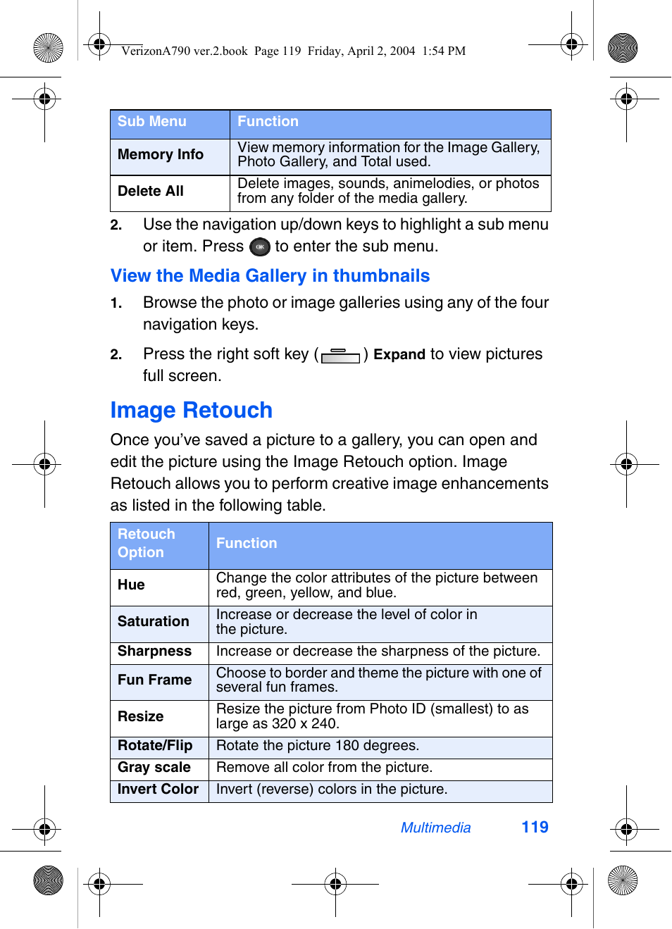 Image retouch, View the media gallery in thumbnails | Samsung A790 User Manual | Page 127 / 226