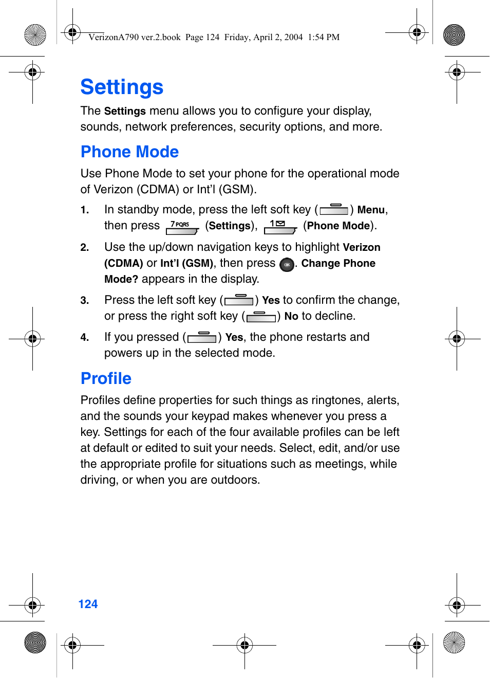 Settings, Phone mode, Profile | Samsung A790 User Manual | Page 132 / 226