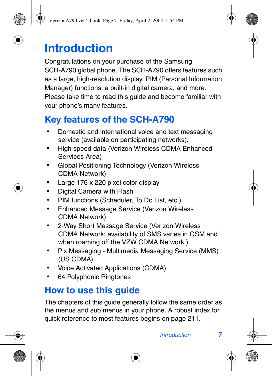 Introduction, Key features of the sch-a790, How to use this guide | Samsung A790 User Manual | Page 15 / 226