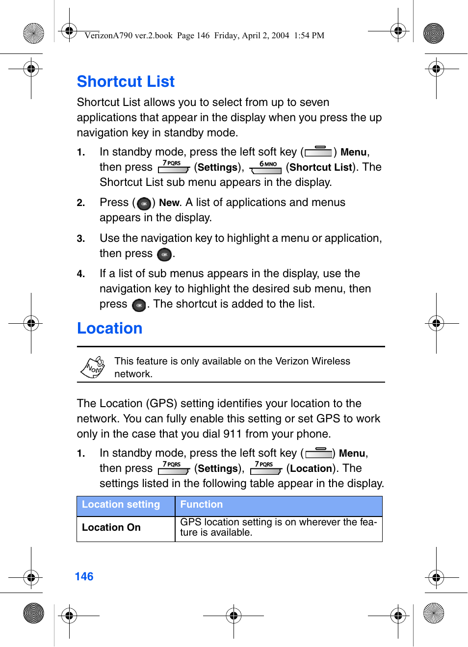 Shortcut list, Location | Samsung A790 User Manual | Page 154 / 226