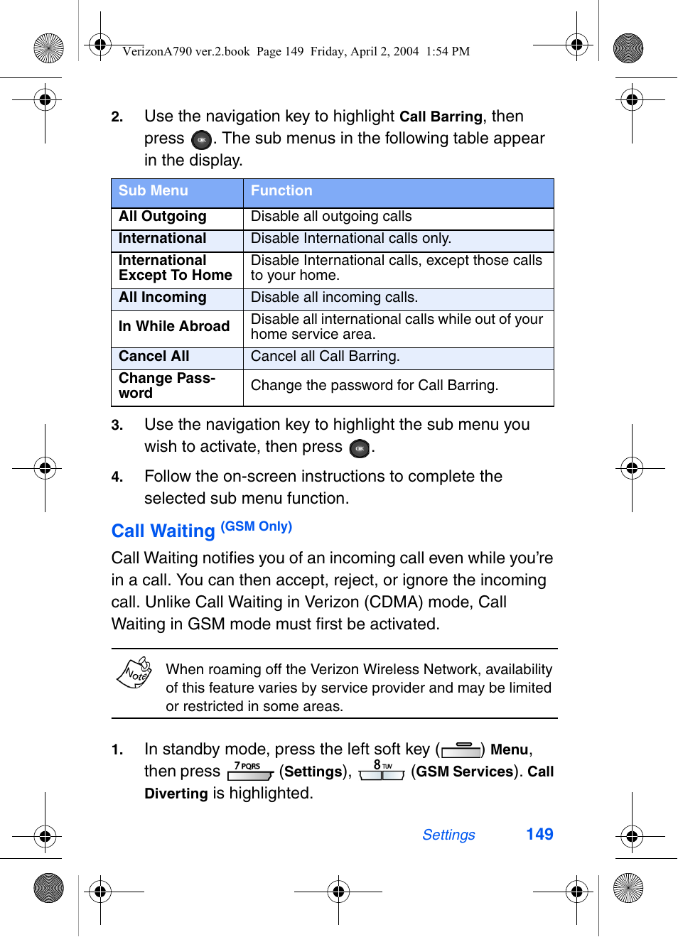 Call waiting | Samsung A790 User Manual | Page 157 / 226