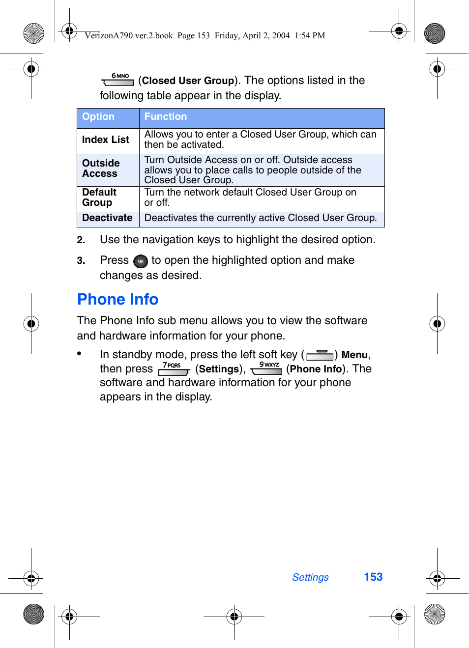 Phone info | Samsung A790 User Manual | Page 161 / 226