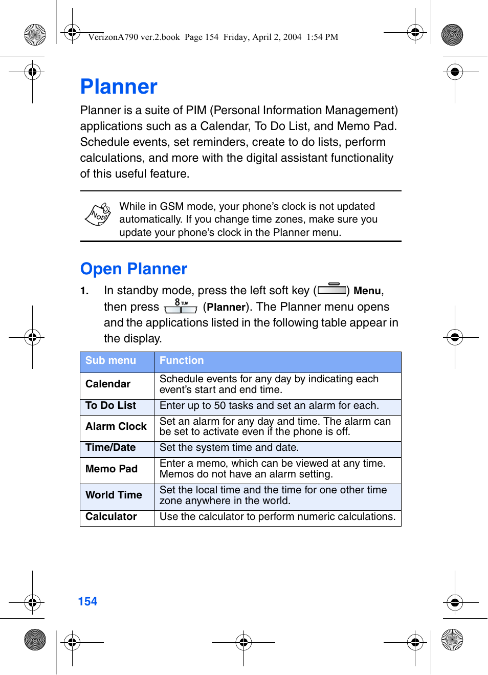 Planner, Open planner | Samsung A790 User Manual | Page 162 / 226