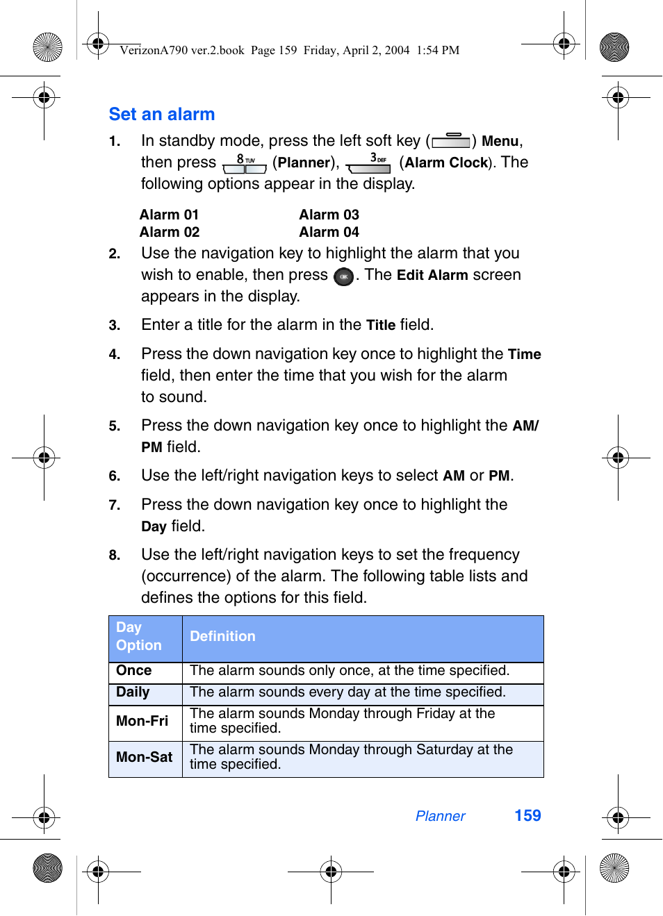 Set an alarm | Samsung A790 User Manual | Page 167 / 226