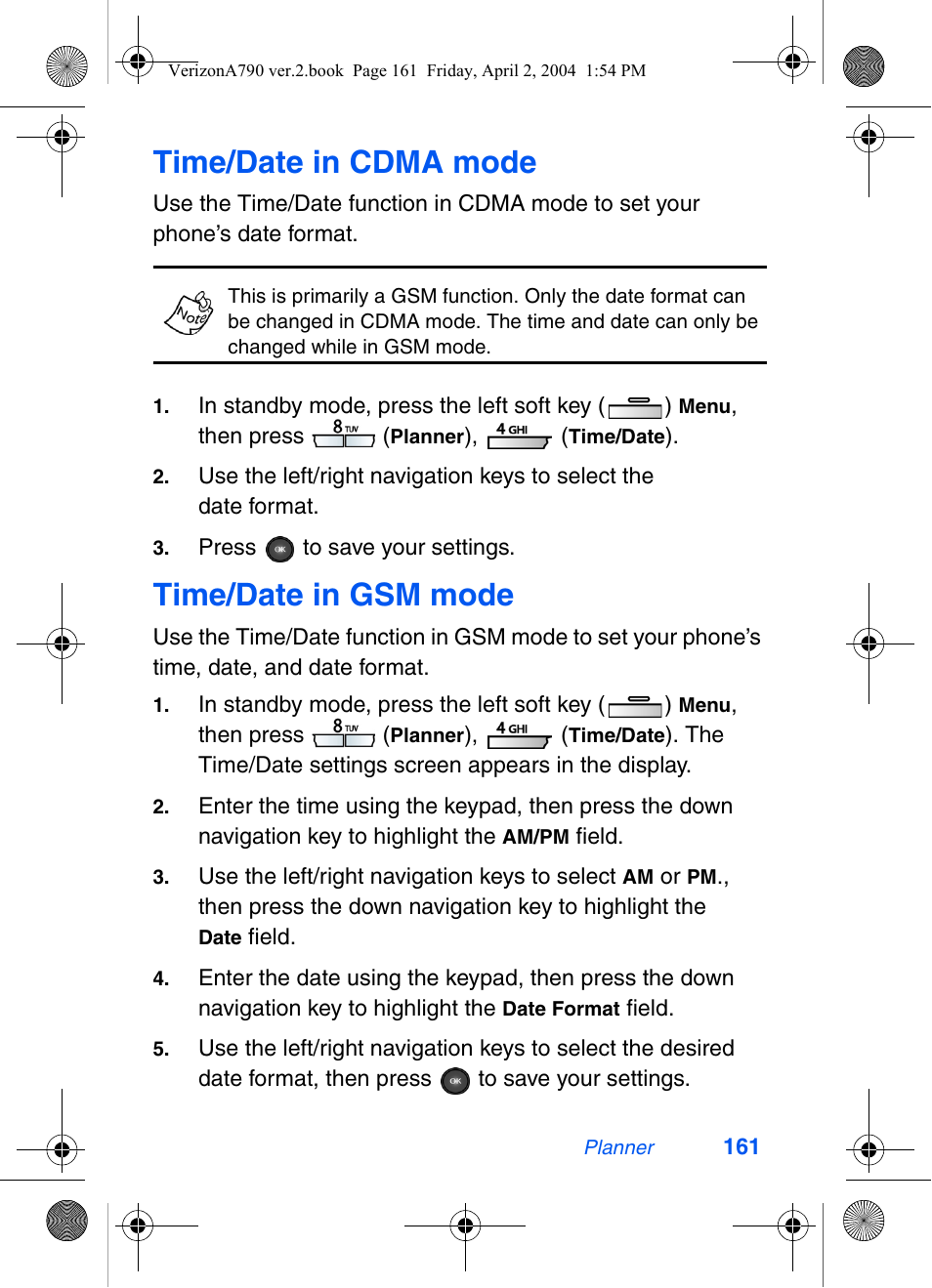 Time/date in cdma mode, Time/date in gsm mode | Samsung A790 User Manual | Page 169 / 226