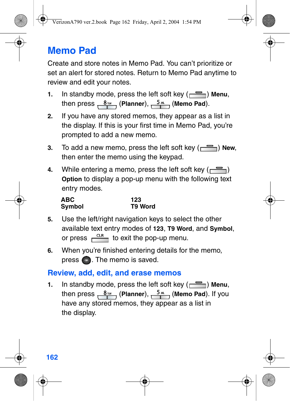 Memo pad | Samsung A790 User Manual | Page 170 / 226