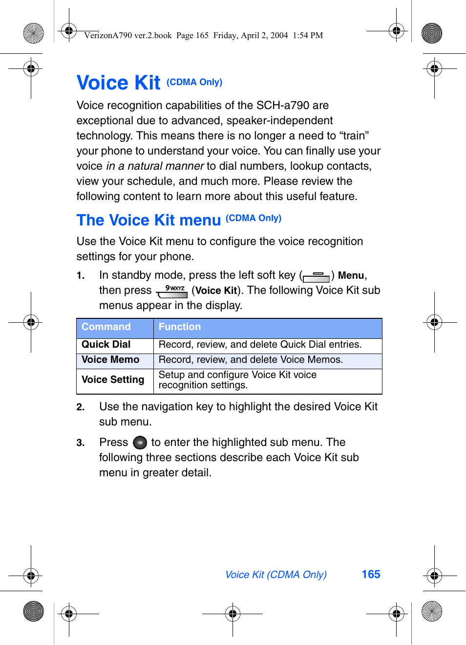 Voice kit (cdma only), The voice kit menu (cdma only), Voice kit | The voice kit menu | Samsung A790 User Manual | Page 173 / 226