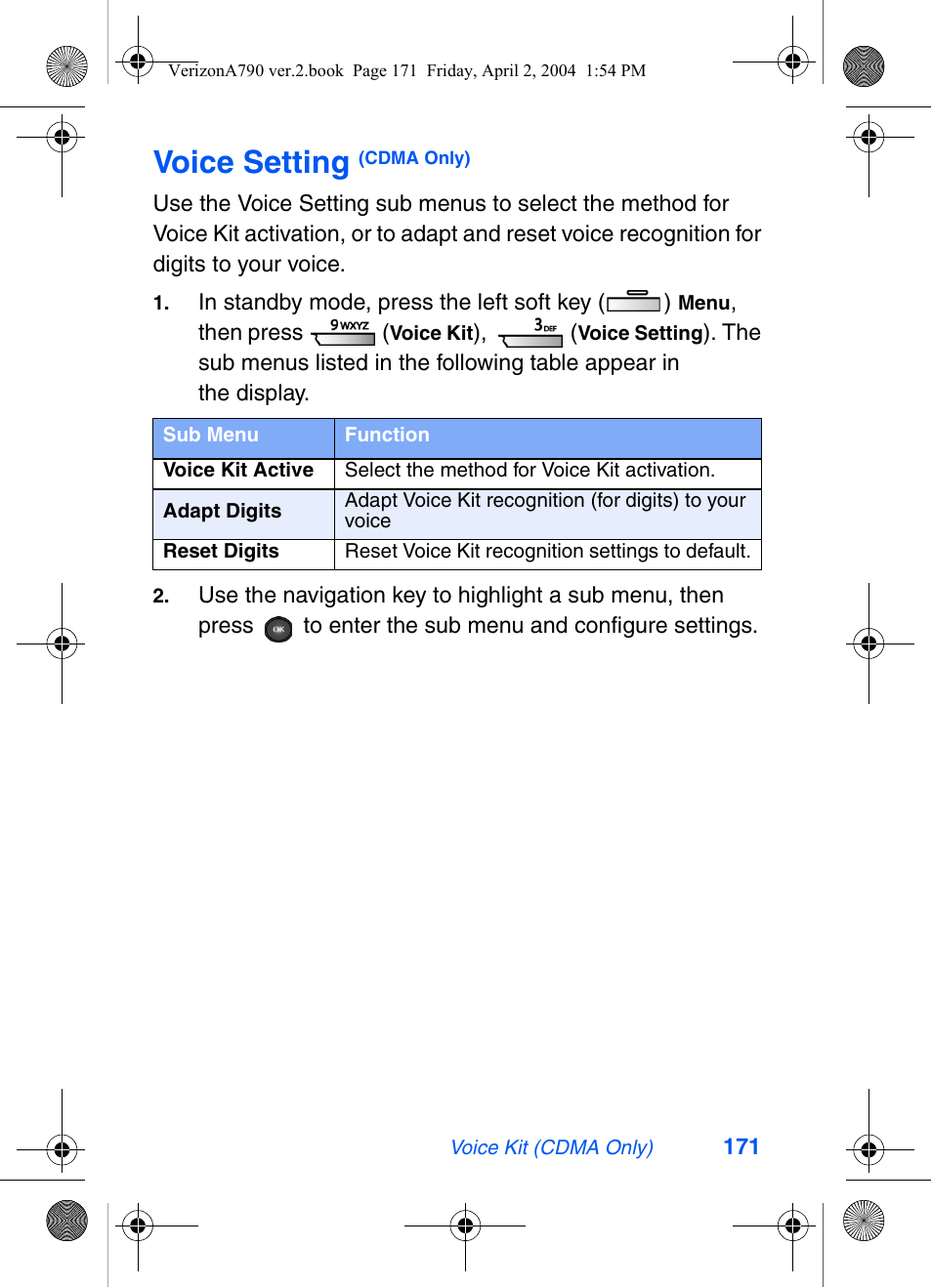 Voice setting (cdma only), Voice setting | Samsung A790 User Manual | Page 179 / 226