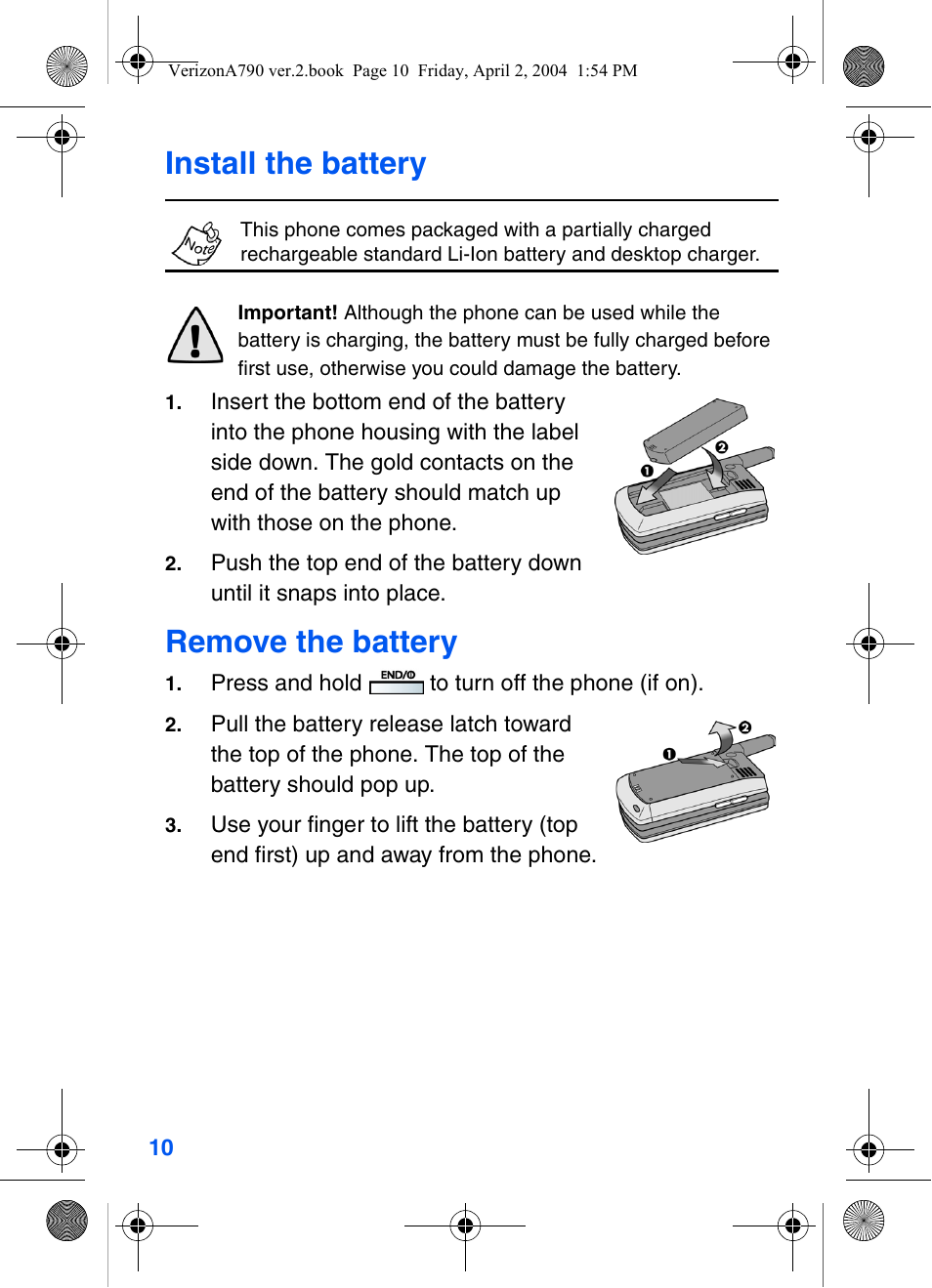Install the battery, Remove the battery | Samsung A790 User Manual | Page 18 / 226
