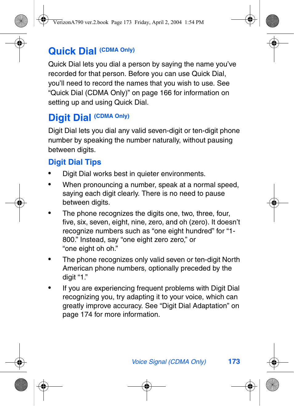 Quick dial (cdma only), Digit dial (cdma only), Quick dial | Digit dial | Samsung A790 User Manual | Page 181 / 226