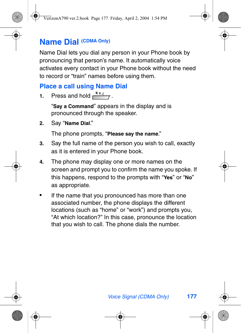 Name dial (cdma only), The phone prompts, “please say the name, Name dial | Samsung A790 User Manual | Page 185 / 226