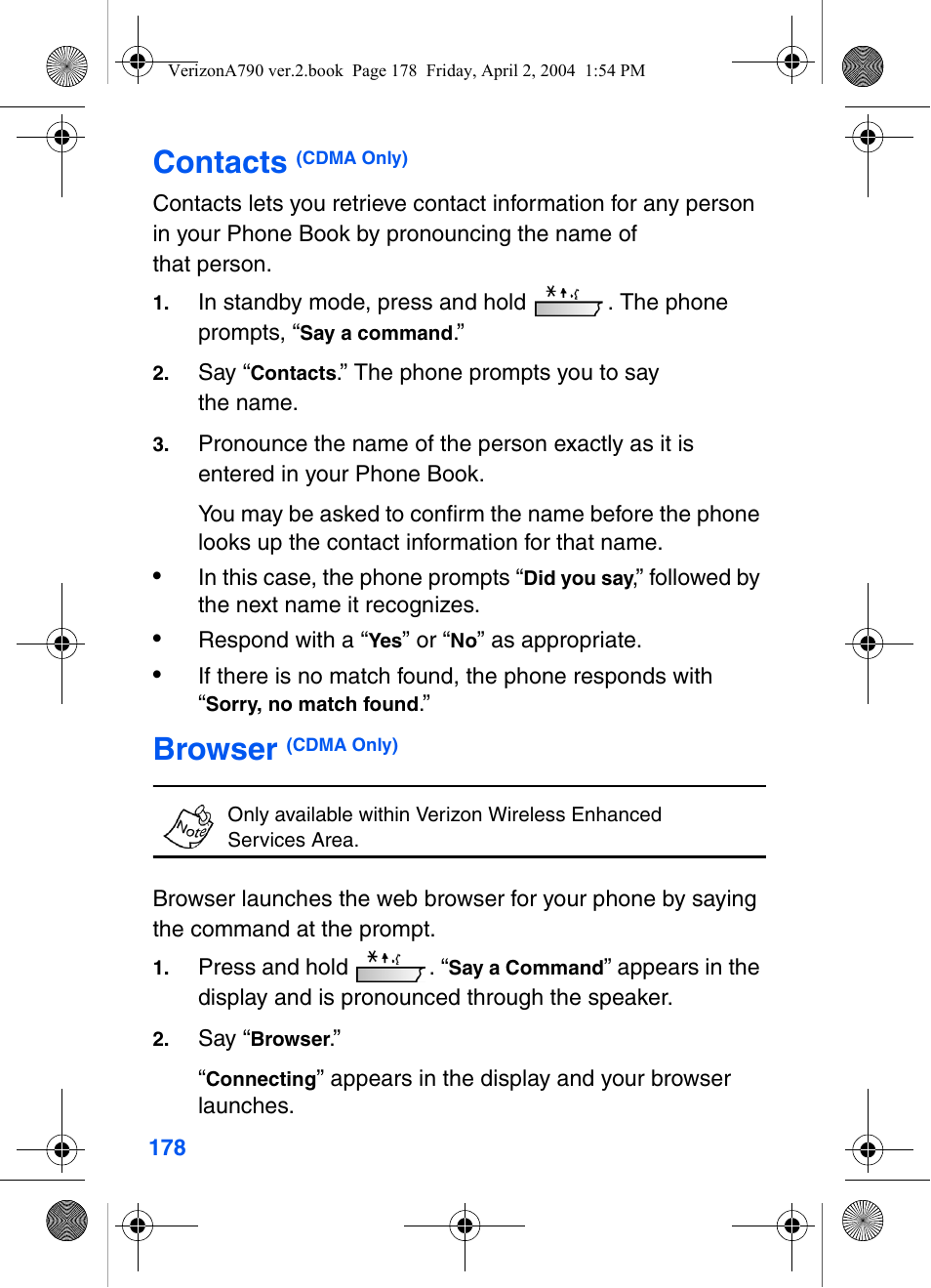 Contacts (cdma only), Browser (cdma only), Contacts | Browser | Samsung A790 User Manual | Page 186 / 226