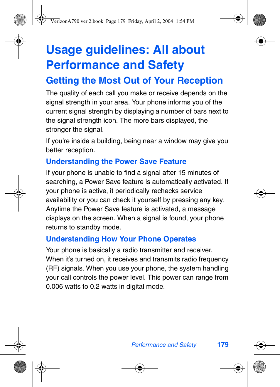 Usage guidelines: all about, Performance and safety, Getting the most out of your reception | Usage guidelines: all about performance and safety | Samsung A790 User Manual | Page 187 / 226