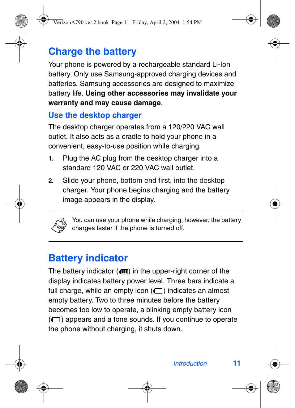 Charge the battery, Battery indicator | Samsung A790 User Manual | Page 19 / 226