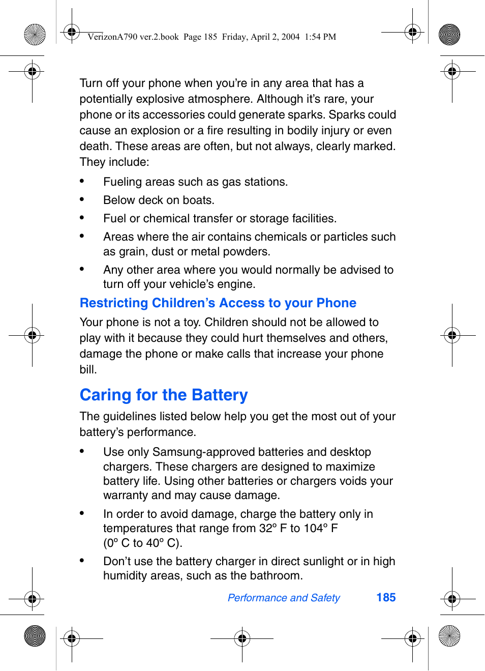 Caring for the battery | Samsung A790 User Manual | Page 193 / 226