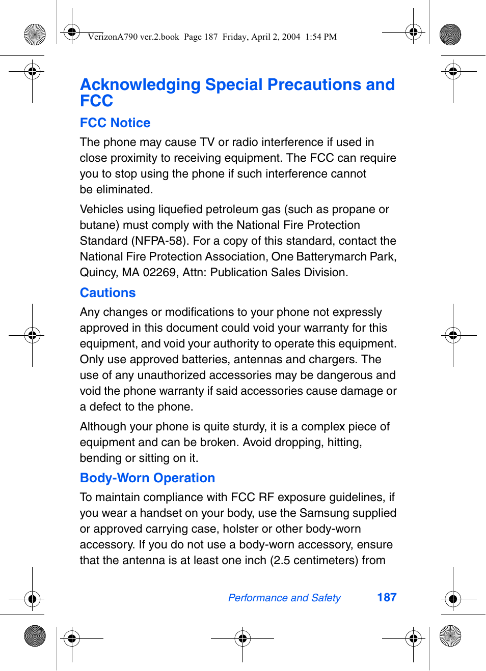 Acknowledging special precautions and fcc | Samsung A790 User Manual | Page 195 / 226