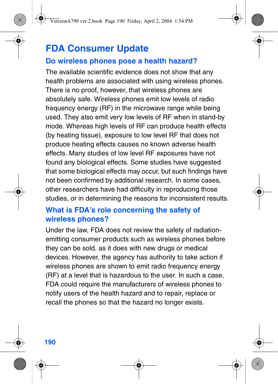 Fda consumer update | Samsung A790 User Manual | Page 198 / 226