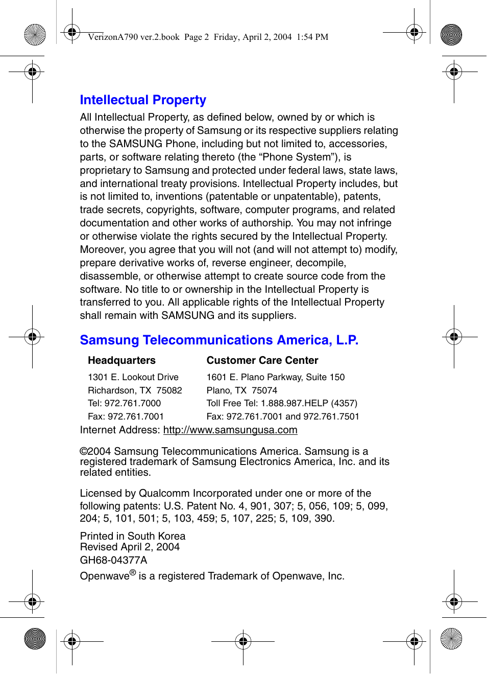 Intellectual property, Samsung telecommunications america, l.p | Samsung A790 User Manual | Page 2 / 226