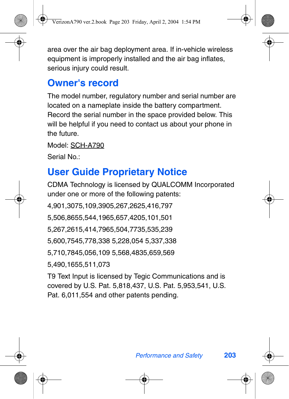 Owner's record, User guide proprietary notice | Samsung A790 User Manual | Page 211 / 226
