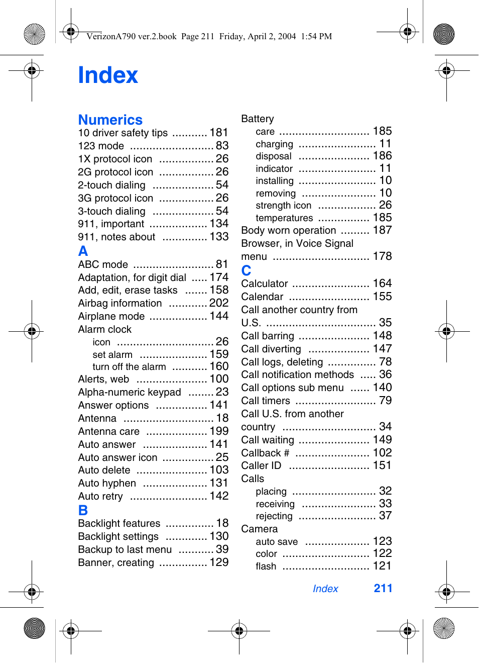 Index, Numerics | Samsung A790 User Manual | Page 219 / 226