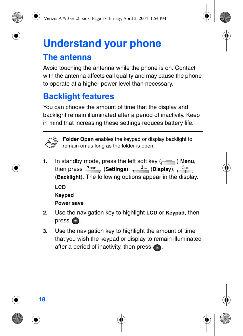 Understand your phone, The antenna, Backlight features | Keypad, Power save | Samsung A790 User Manual | Page 26 / 226