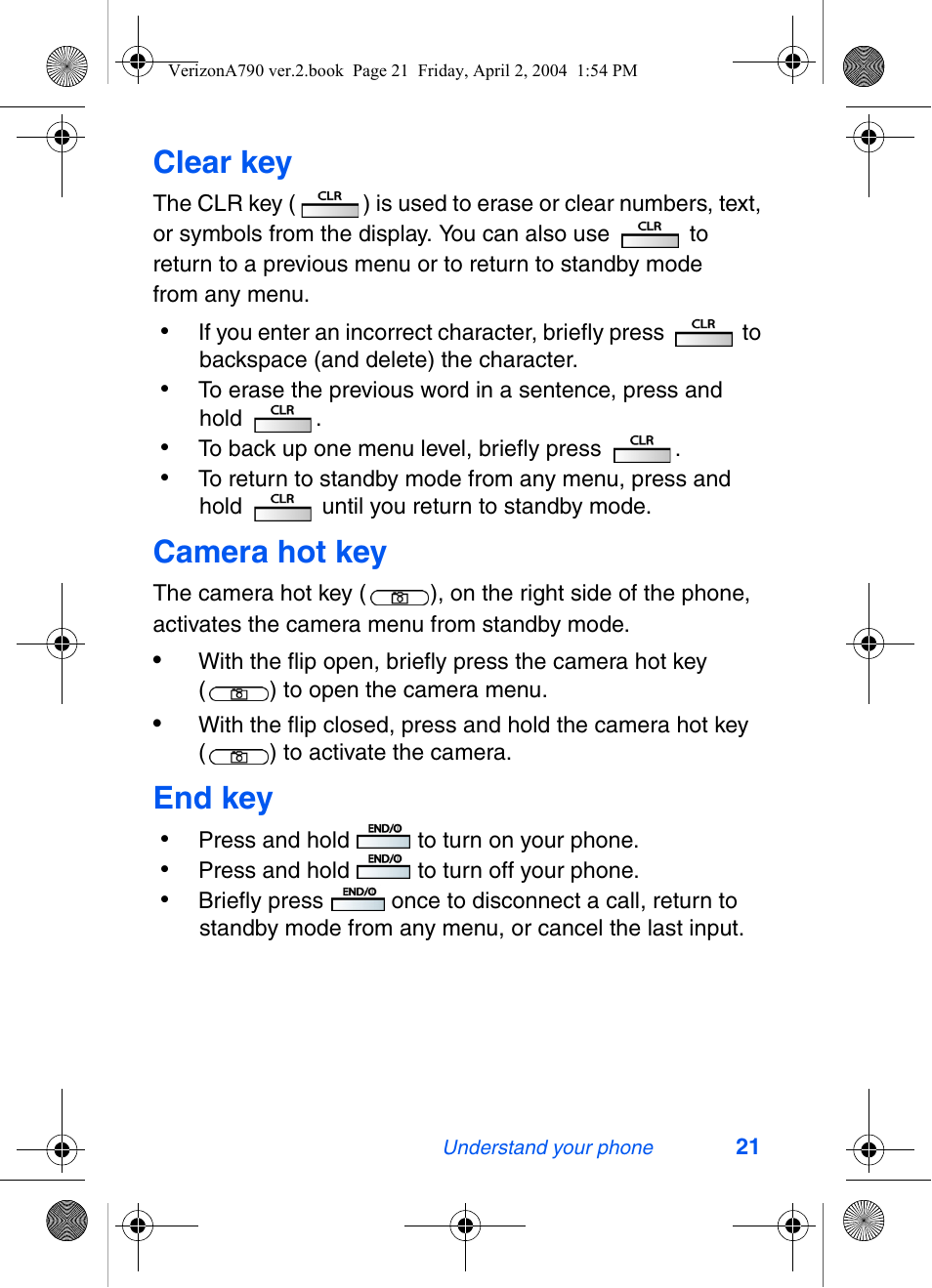 Clear key, Camera hot key, End key | Samsung A790 User Manual | Page 29 / 226