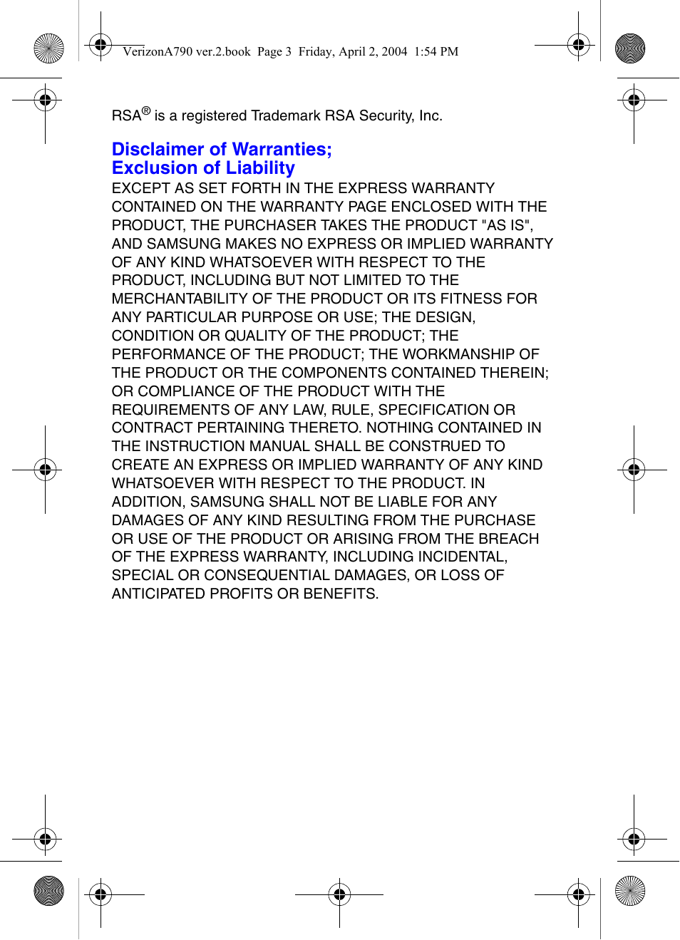 Disclaimer of warranties; exclusion of liability | Samsung A790 User Manual | Page 3 / 226