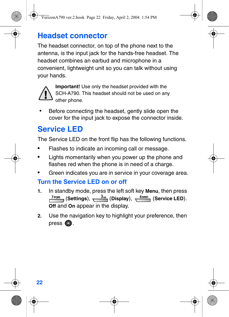 Headset connector, Service led | Samsung A790 User Manual | Page 30 / 226