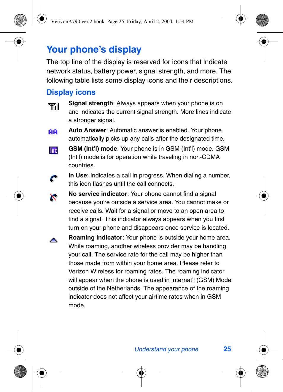 Your phone’s display | Samsung A790 User Manual | Page 33 / 226