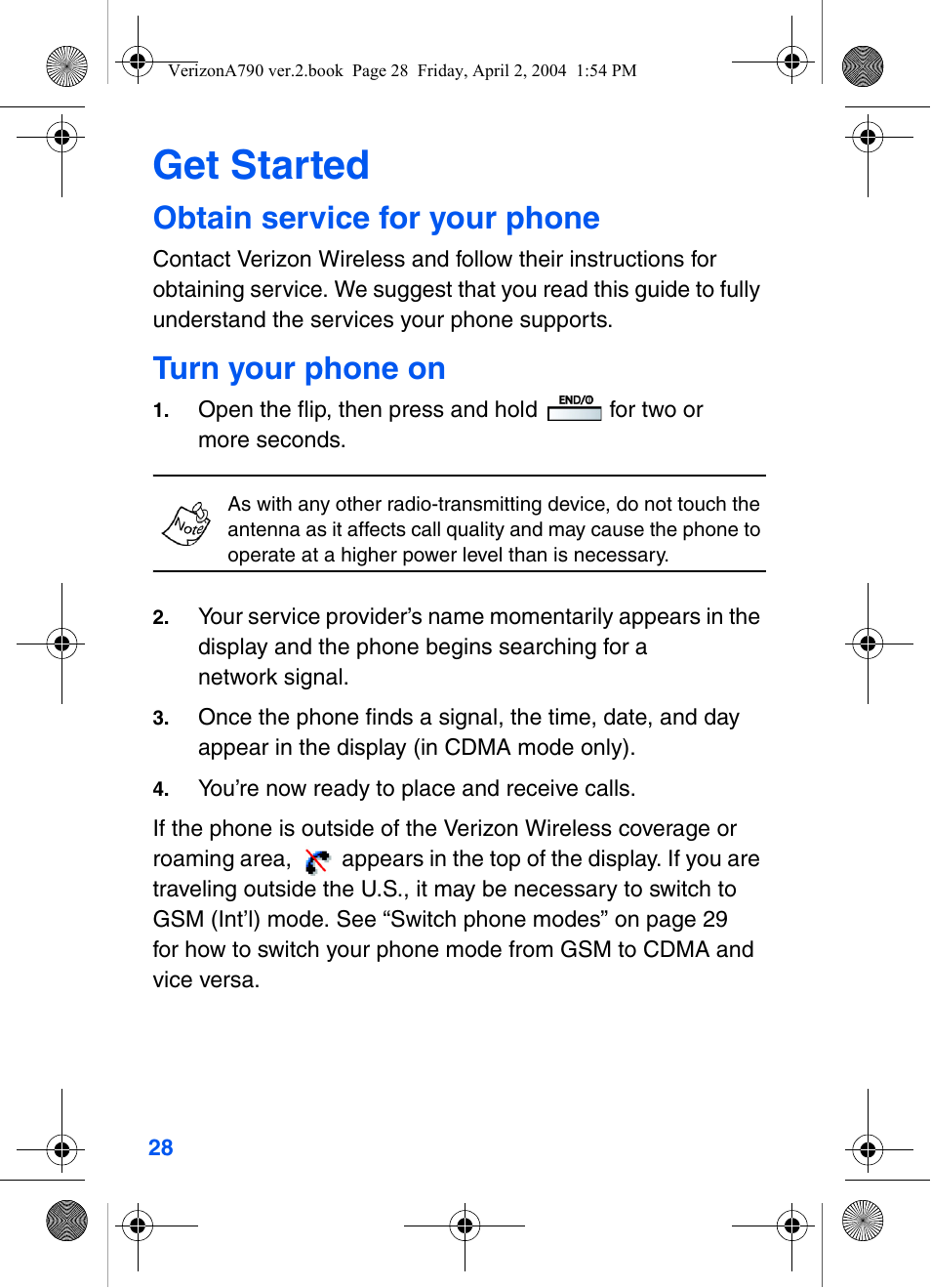 Get started, Obtain service for your phone, Turn your phone on | Samsung A790 User Manual | Page 36 / 226