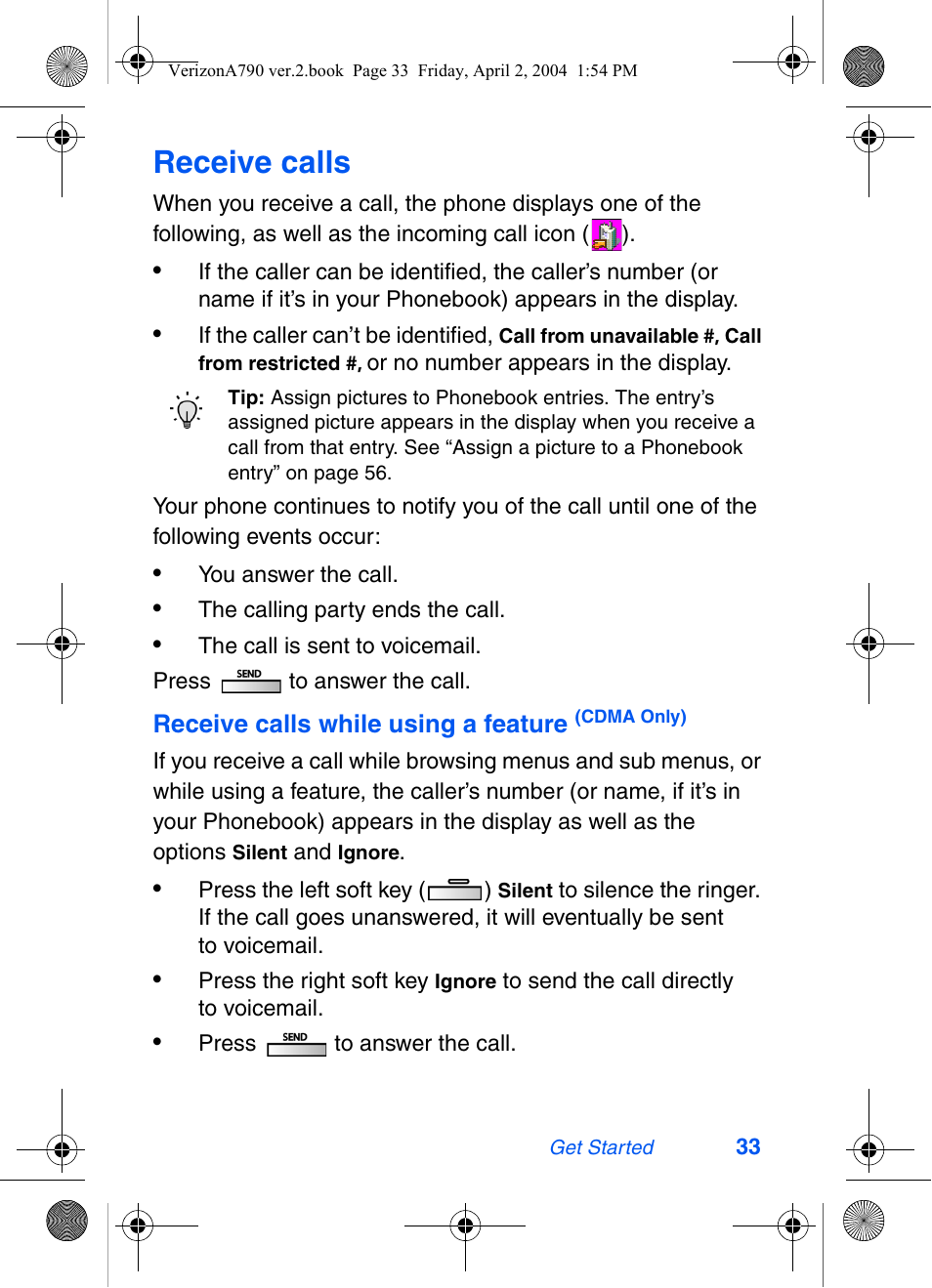 Receive calls | Samsung A790 User Manual | Page 41 / 226