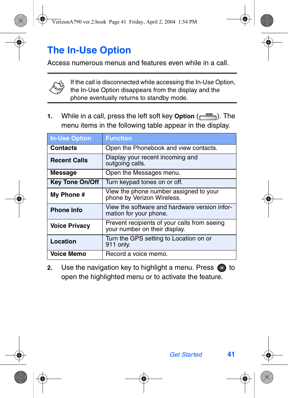 The in-use option | Samsung A790 User Manual | Page 49 / 226