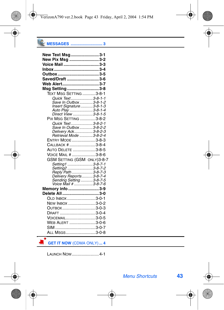 Menu shortcuts | Samsung A790 User Manual | Page 51 / 226