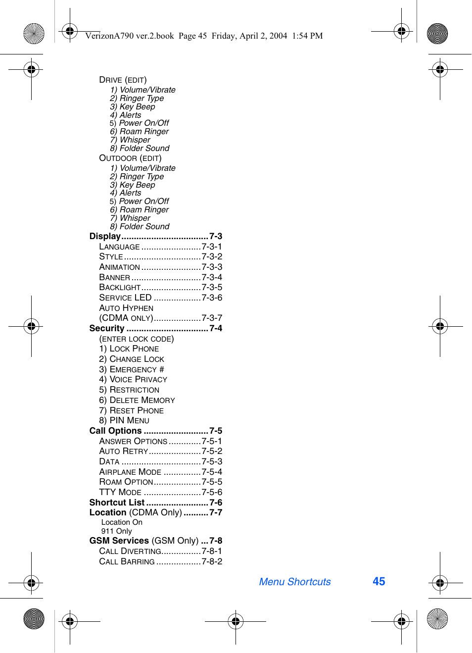 Menu shortcuts | Samsung A790 User Manual | Page 53 / 226