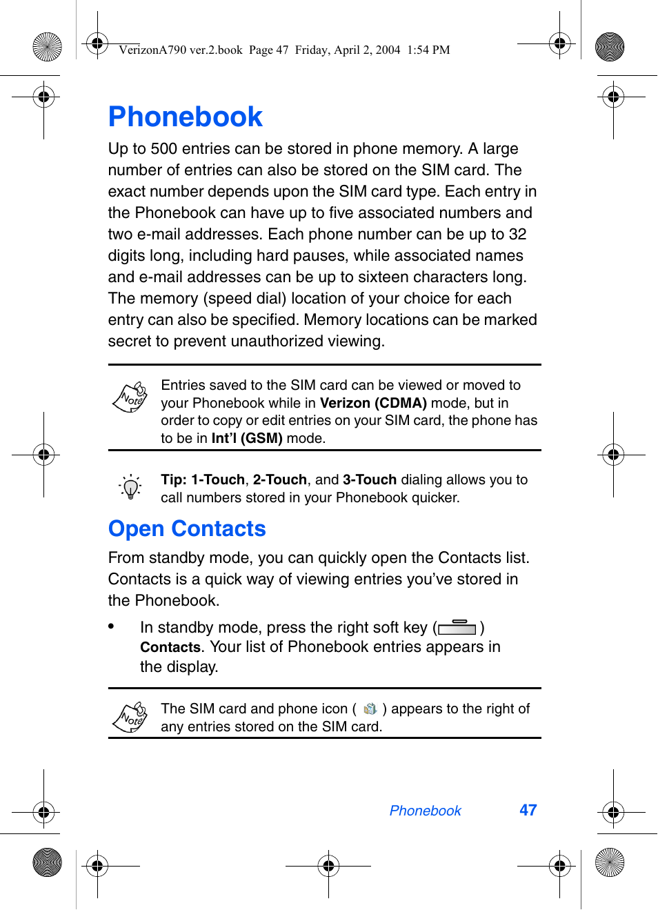 Phonebook, Open contacts | Samsung A790 User Manual | Page 55 / 226