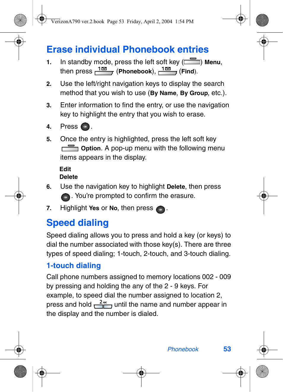 Erase individual phonebook entries, Speed dialing | Samsung A790 User Manual | Page 61 / 226