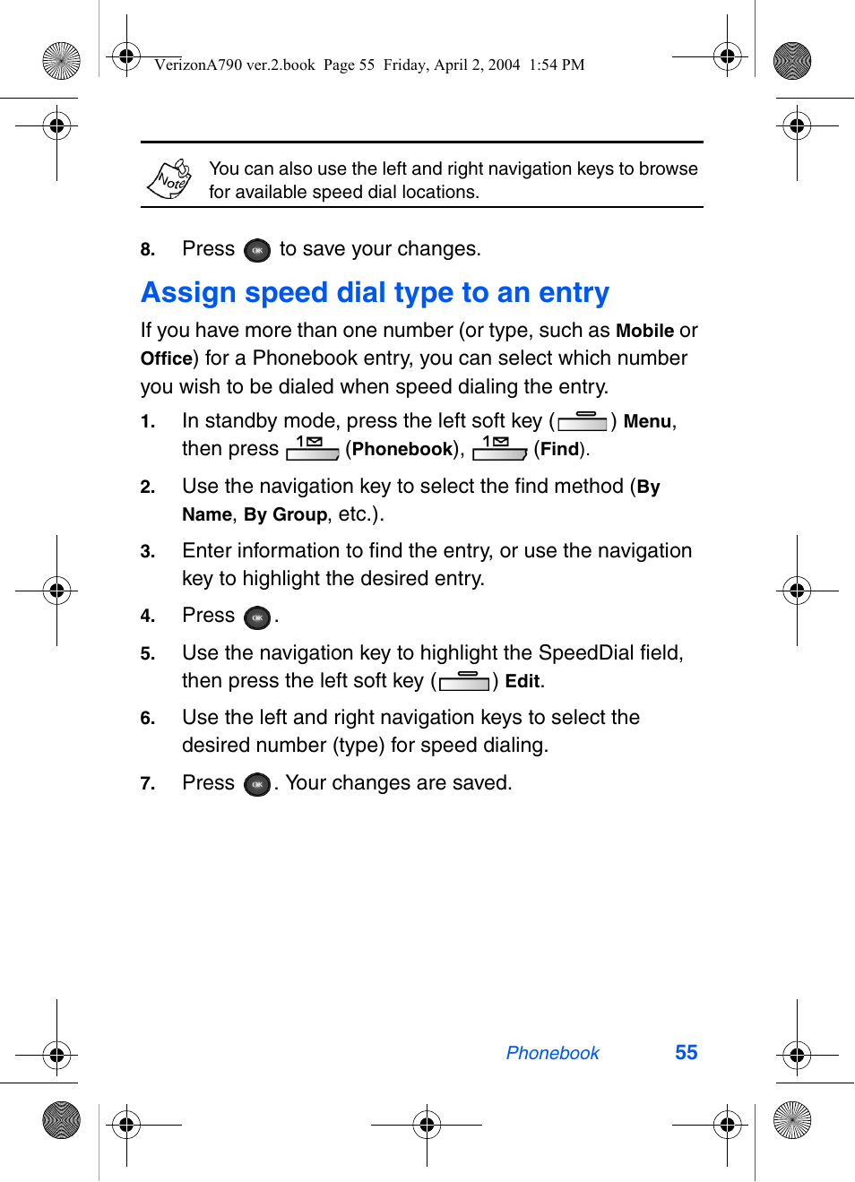 Assign speed dial type to an entry | Samsung A790 User Manual | Page 63 / 226