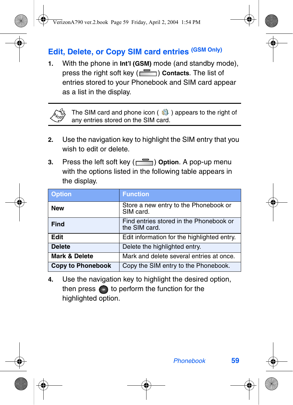 Edit, delete, or copy sim card entries | Samsung A790 User Manual | Page 67 / 226