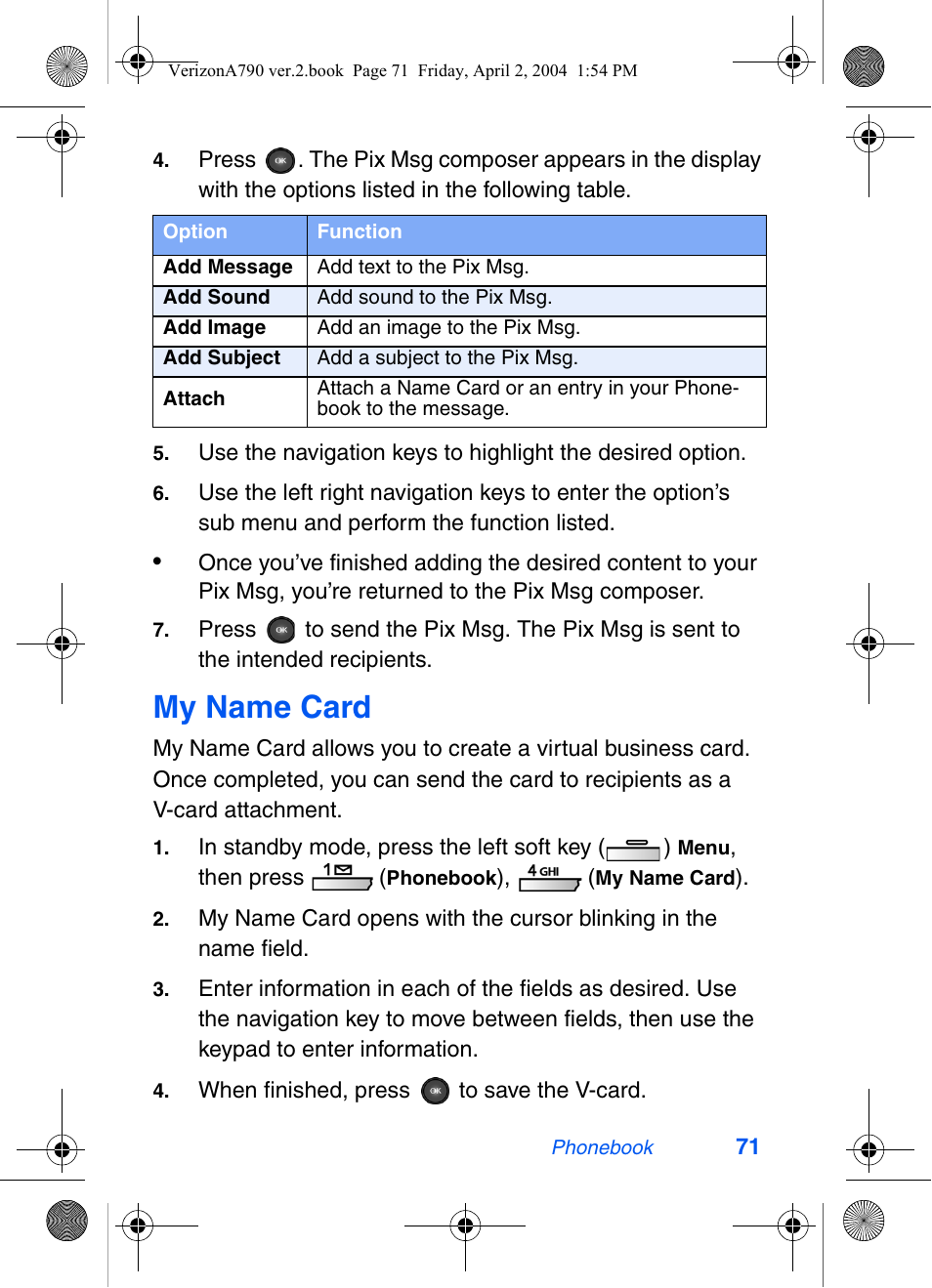 My name card | Samsung A790 User Manual | Page 79 / 226
