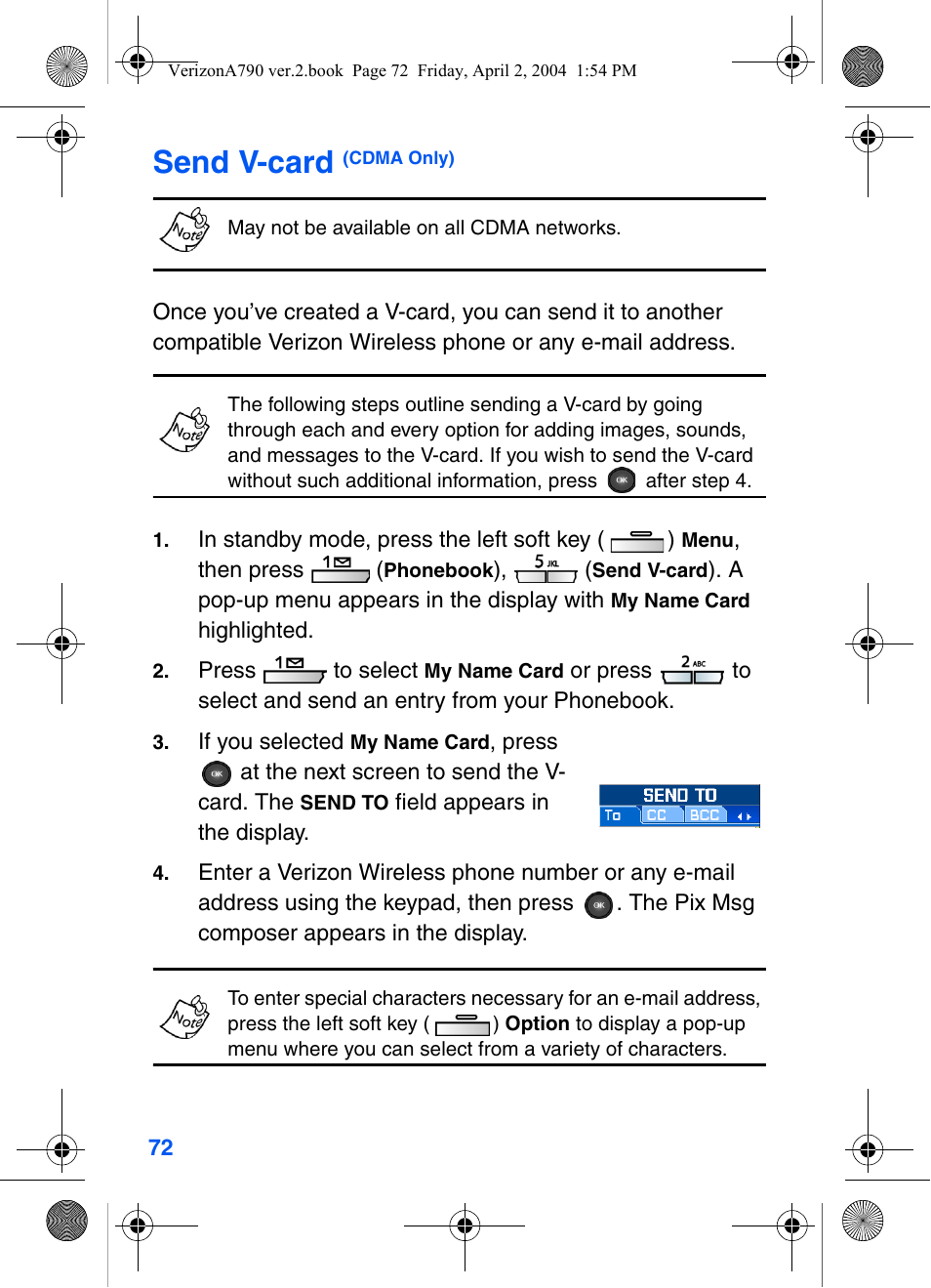 Send v-card (cdma only), Send v-card | Samsung A790 User Manual | Page 80 / 226