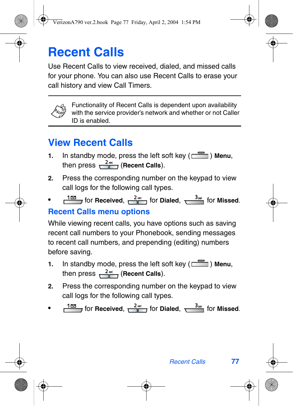 Recent calls, View recent calls | Samsung A790 User Manual | Page 85 / 226