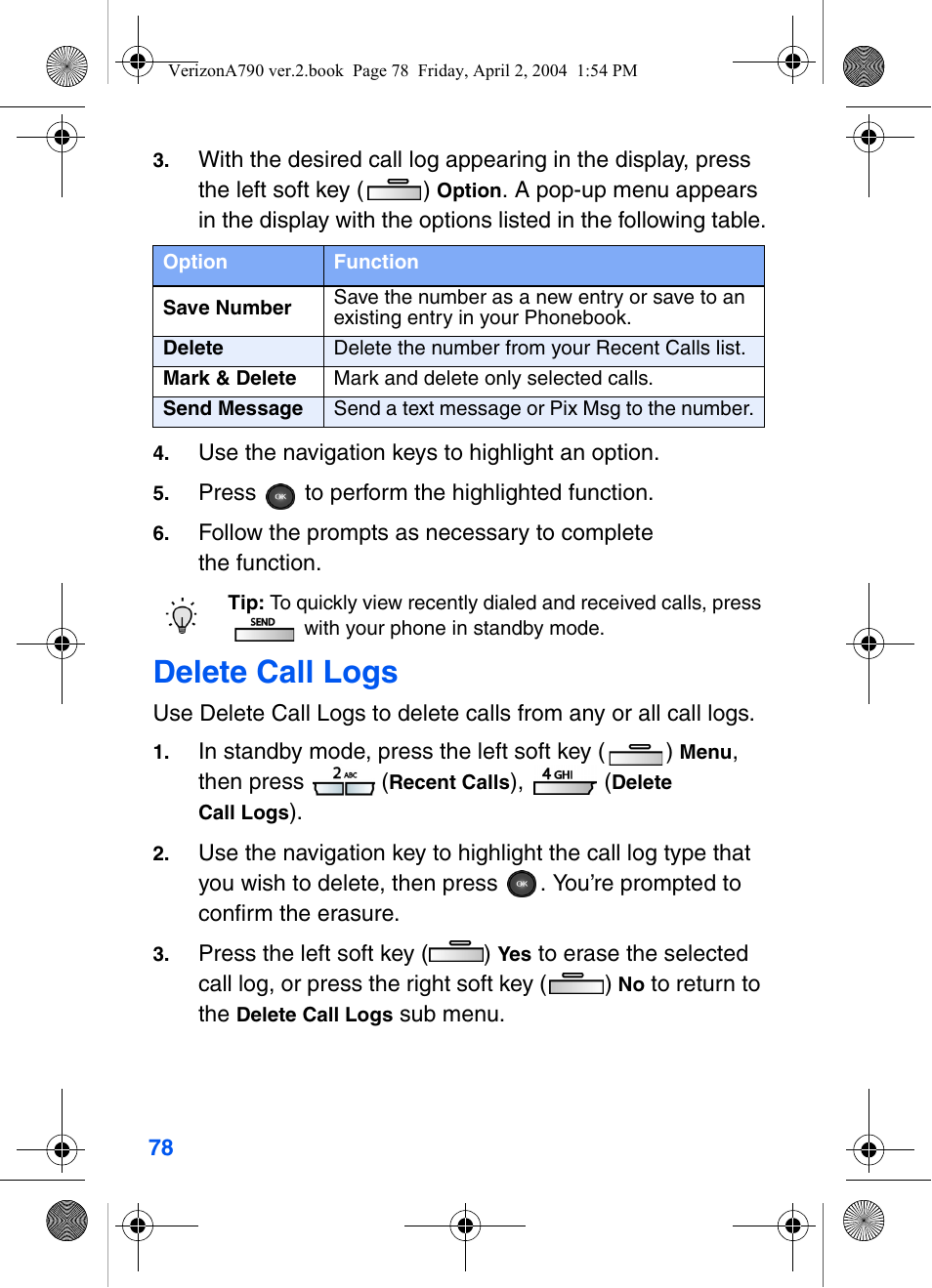 Delete call logs | Samsung A790 User Manual | Page 86 / 226