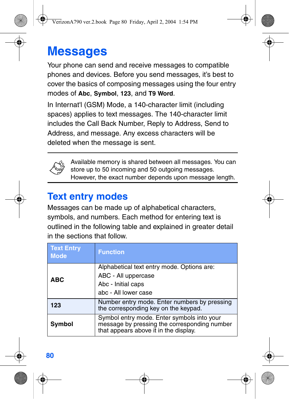 Messages, Text entry modes | Samsung A790 User Manual | Page 88 / 226