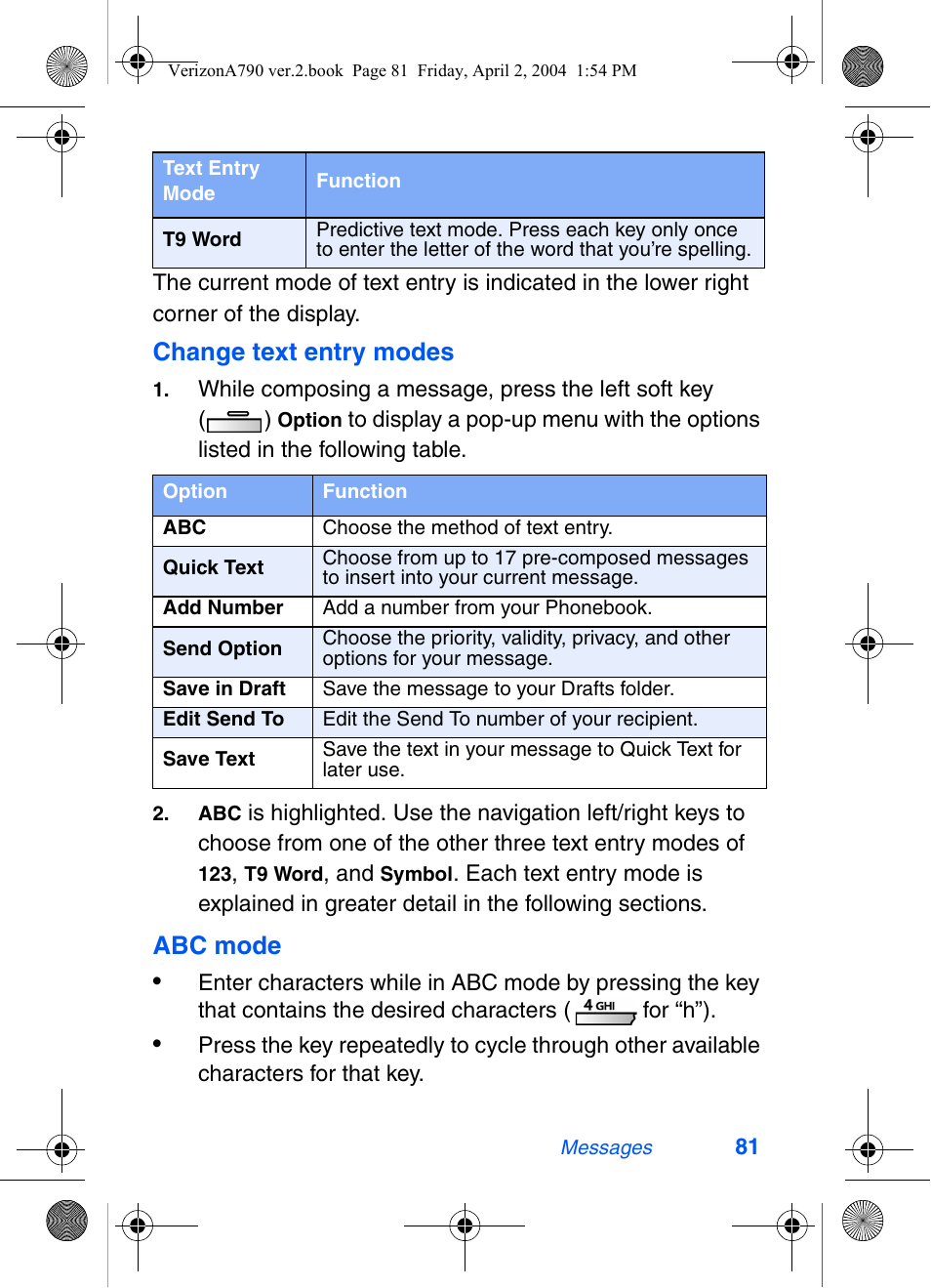 Change text entry modes, Abc mode | Samsung A790 User Manual | Page 89 / 226